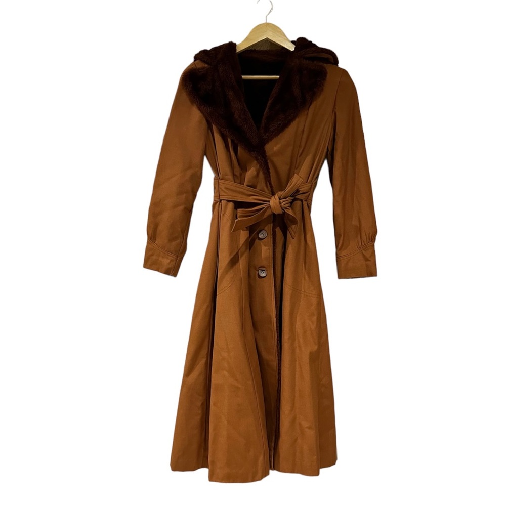 Vintage 60/70s Bonders Orange Fur Hood Trench Coat Button Belted Size S retro